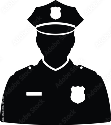 A police officer in uniform stands tall, isolated on white background