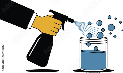 Cartoon Illustration Sprayer Nozzle Aimed at Jar Creates Bubbles, Featuring a BlackSuited Arm