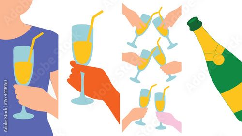 Champagne Toasting Hands Holding Flutes with Straws, Bottle of Champagne, Party Celebration Theme