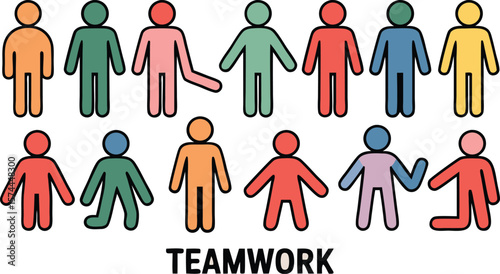 Colorful Pictogram Figures Representing Teamwork and Collaboration Among Diverse Individuals, Illustrating Group Effort and Partnership