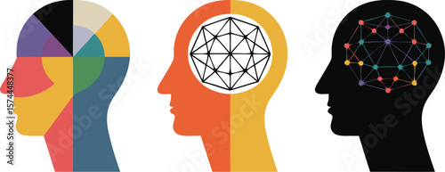 Creative Mind Concept Three Stylized Human Head Profiles with Abstract Geometric Brain Representations