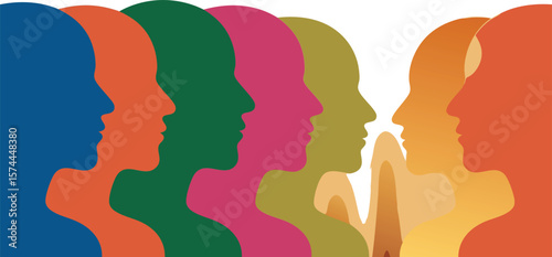 Diverse Group of Colorful Human Profiles Facing Each Other in Conversation or Dialogue