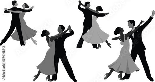 Elegant Silhouettes of Couples Ballroom Dancing, Tango, or Waltz in Formal Attire on White
