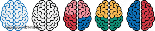 Five Brain Illustrations Blue Outline, Black Outline, Split Colors, and Brain Lobes Depicted