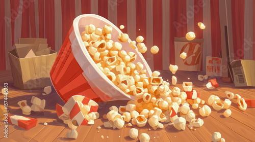 Overflowing popcorn bucket spilled across a wooden floor with kernels flying, a playful concept for movie night promotions or snack advertisements.