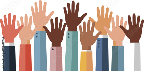 Raised Diverse Hands Illustration of Unity, Volunteering, Collaboration, and Support Against a White Background