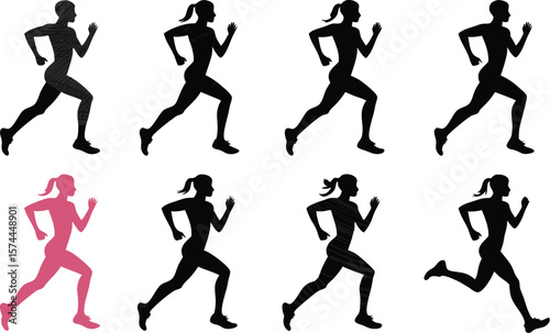 Silhouettes of Runners, Both Men and Women, in Various Black Tones with a Pink Variant