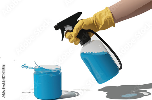 Spray Bottle Cleaning Solution Being Sprayed Into A Glass Jar While Wearing Yellow Gloves