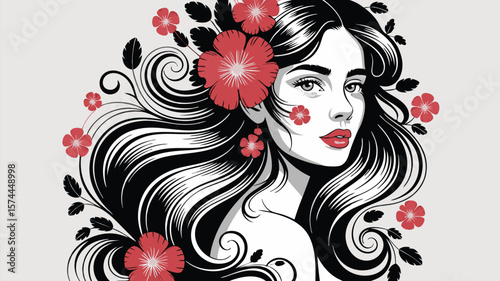 Stylized Portrait of a Woman with Black Hair Adorned with Red Flowers and Leaves