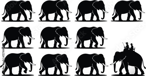 Walking Elephant Silhouettes with Riders Silhouette, Elephant Safari Illustration, Black And White