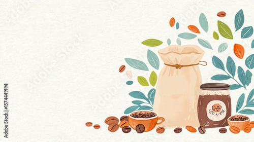 A charming illustration celebrating coffee culture with beans, cups, and a jar, ideal as a promo graphic or menu element.