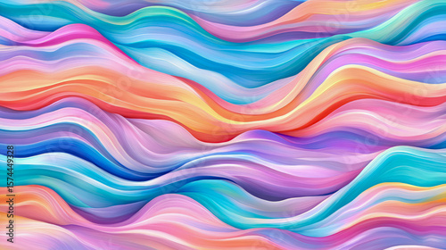A dynamic composition of flowing abstract waves in a vibrant pastel color spectrum, evoking fluid motion and smooth gradients, suitable for modern abstract art.