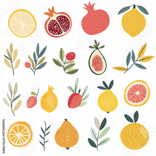 Flat naive fruit clipart set with simple pomegranates, figs, citrus and olives, perfect for digital paper, greeting cards and packaging