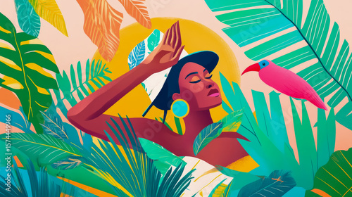 Vibrant Tropical Oasis Illustration with a Tranquil Woman and Exotic Bird, Perfect for Summer Vacation Promotion or Wellness Poster