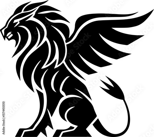 Winged Lion Vector Illustrations in Black Silhouette Tribal Style