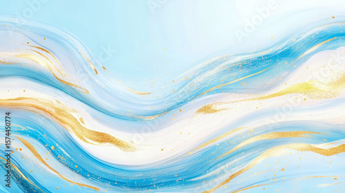 Abstract Shimmering Fluid Art with Golden Waves and Serene Light Blue Hues, Perfect for Elegant Luxury Presentation or Digital Art.