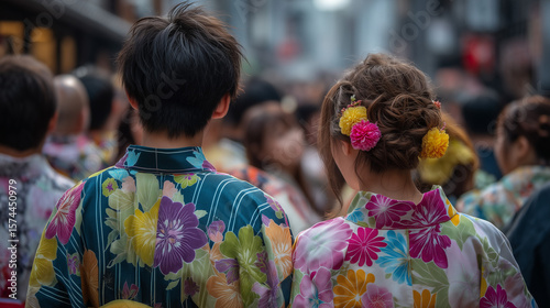Back View of People Wearing Yukata Walking in the Crowd at Awa Odori Festival Capturing the Festive Atmosphere and Flow of Participants in a Joyful Street Parade