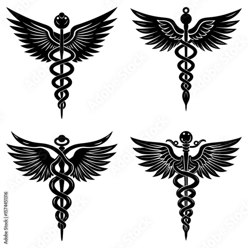 Four caduceus medical symbols with wings in a black and white vector illustration graphic design