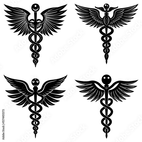 Four caduceus symbols with wings and snakes in black and white medical emblem representations on a white background