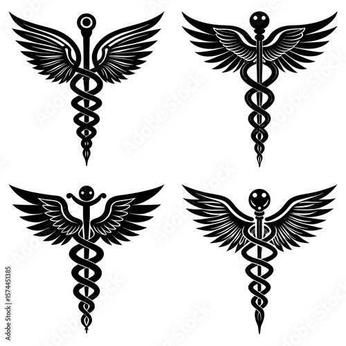 Four caduceus symbols with wings in a square arrangement isolated on a white background design element