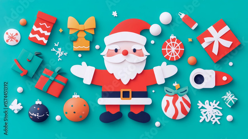 A joyful flat lay presentation of Santa Claus, festive gift boxes, and winter holiday ornaments on a vibrant teal ground for a seasonal greeting.