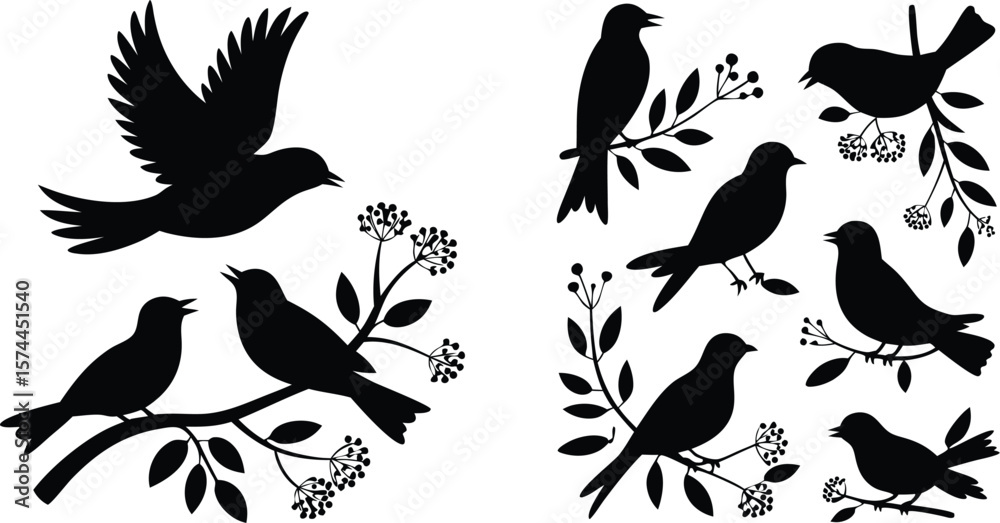 Obraz premium Black Bird Silhouettes on Branches with Berries Set of Elegant Illustrations