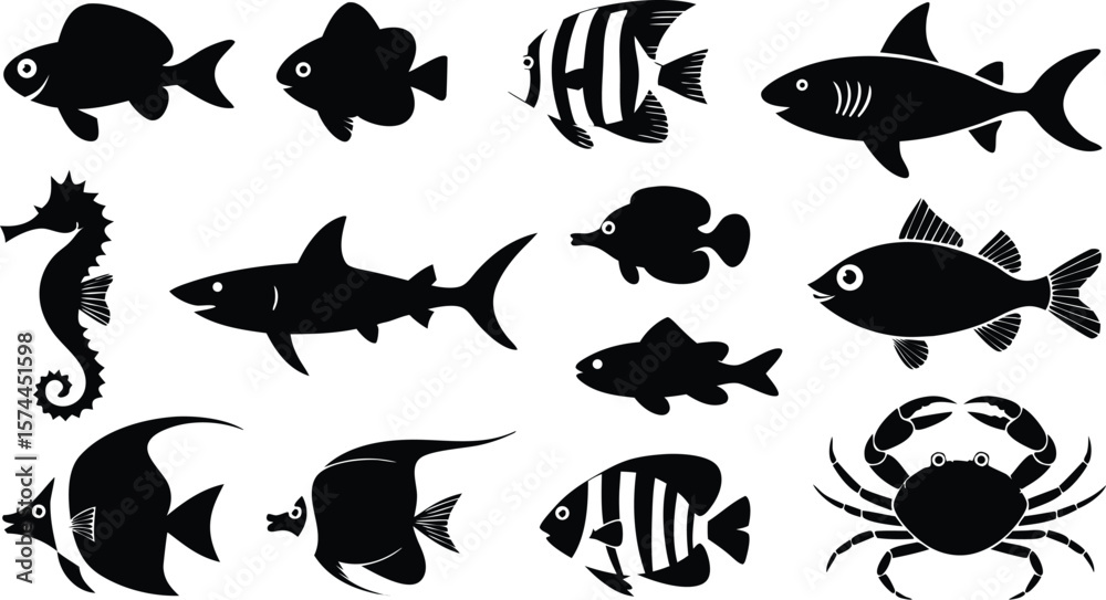 Fototapeta premium Black Silhouettes of Various Fish Species, a Seahorse, and a Crab on White Background