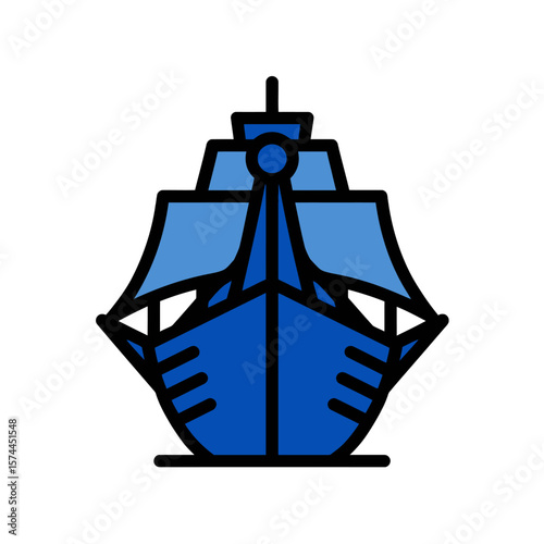 Blue sailboat floats calmly against the white background icon design