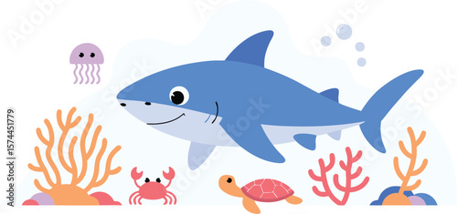 Cartoon Underwater with a Blue Shark, Turtle, Crab, Jellyfish, and Coral Reef