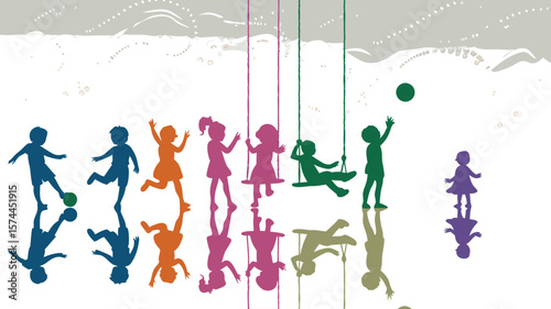 Colorful Children Silhouettes Playing Swings, Soccer, Handstands with Reflections on White Background