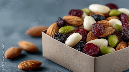 A box of mixed nuts and dried fruits on the right side, green, red, white, and black (almonds, sunflower seeds), on a light blue background, with natural lighting, simple background, high-resolution 