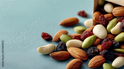 A box of mixed nuts and dried fruits on the right side, green, red, white, and black (almonds, sunflower seeds), on a light blue background, with natural lighting, simple background, high-resolution 