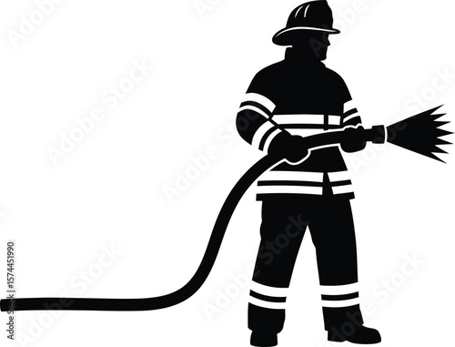 A firefighter holds a hose with water spraying, isolated on white background