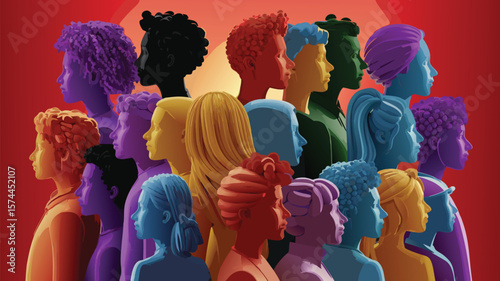 Diverse Group of Women Colorful Illustration of Female Profiles on Red Background