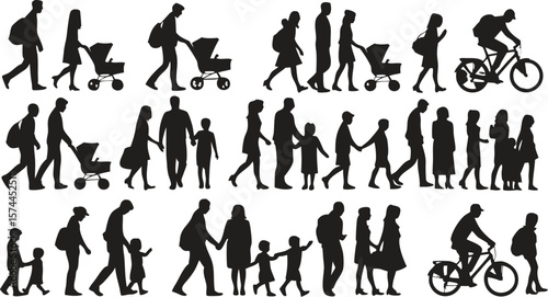 Silhouette Illustration Families Walking, Holding Hands, Strolling with Baby Strollers, Cyclist, Design