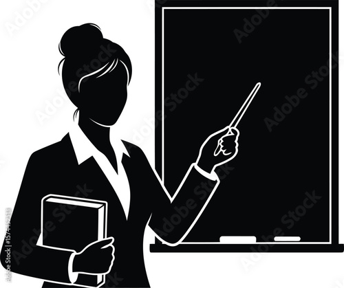 A teacher stands with a book and pointer in front of a chalkboard, isolated on white background