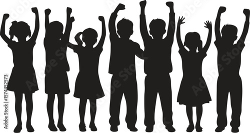 Silhouette of Cheering Children with Raised Arms in Celebration, Success, or Protest on White