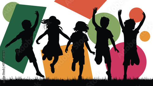 Silhouetted Children Jumping and Playing Over Colorful Geometric Shapes on a White Background