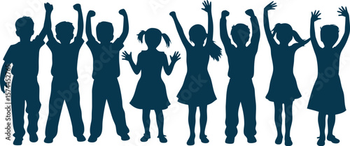 Silhouettes of Cheering Children Celebrating Victory, Teamwork, Unity, and Group Success