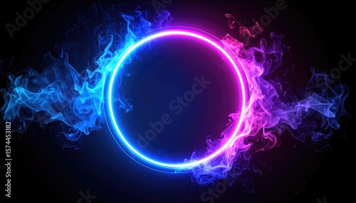 Neon circle framed by vibrant smoke