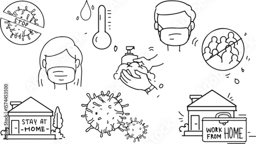 Virus and Health Protection Doodle – Mask, Virus, Temperature, Shield, Doctor, Medical, Safety, Infection, Science, Health, Quarantine, Hand Wash, Hospital, Care, Illness