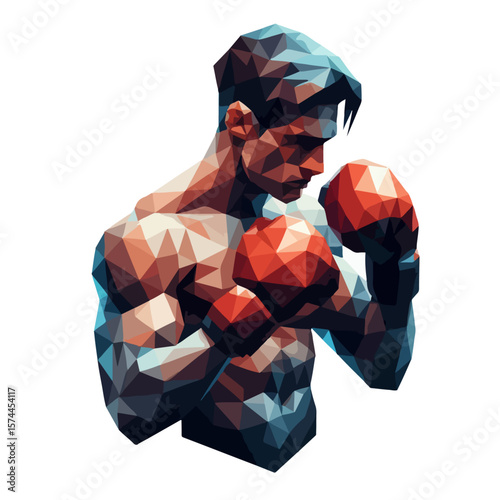 Polygonal Boxer Illustration – Abstract Vector Athlete with Red Gloves in Defensive Fighting Stance