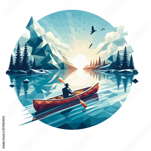 Polygonal Canoe Man Illustration – Low-Poly Vector of Paddler with Hat and Gear on Geometric Water Surface