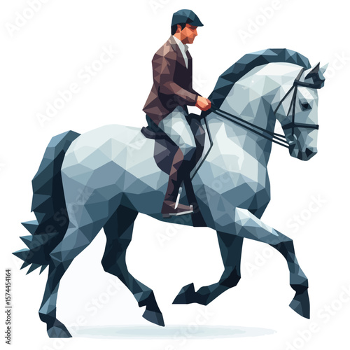 Polygonal Horse Rider Illustration – Abstract Vector Equestrian in Motion with Cap and Gray Stallion
