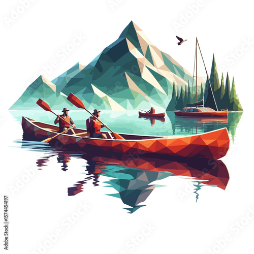 Polygonal Canoe Man Illustration – Low-Poly Vector of Paddler with Hat and Gear on Geometric Water Surface