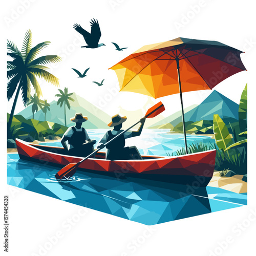 Polygonal Canoe Man Illustration – Low-Poly Vector of Paddler with Hat and Gear on Geometric Water Surface