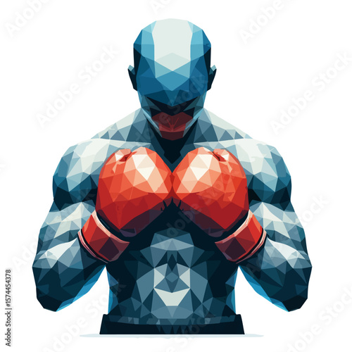Polygonal Boxer Illustration – Abstract Vector Athlete with Red Gloves in Defensive Fighting Stance