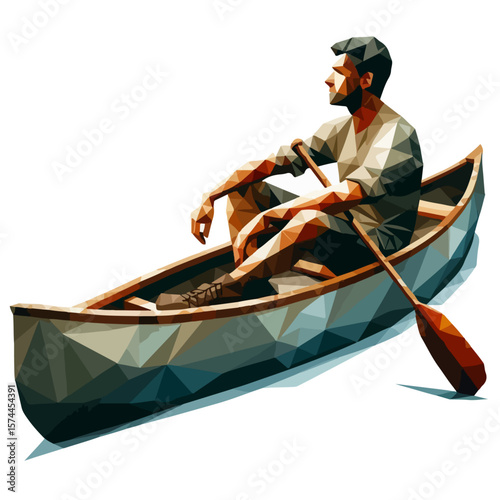 Polygonal Canoe Man Illustration – Low-Poly Vector of Paddler with Hat and Gear on Geometric Water Surface