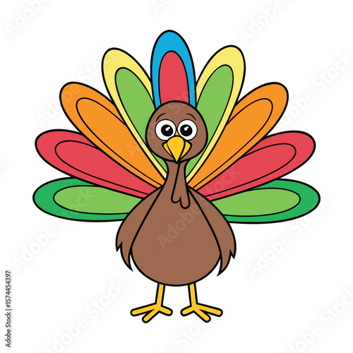 Cartoon Turkey with Colorful Feathers Spread Out