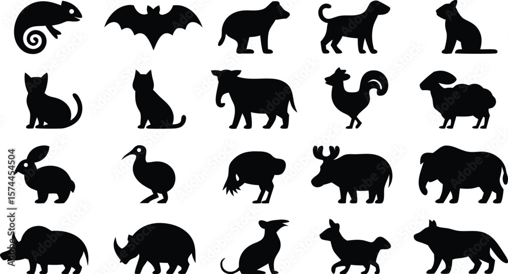 Obraz premium Black Silhouette Collection Variety of Animals Including Mammals, Birds, and Reptiles on a White Background